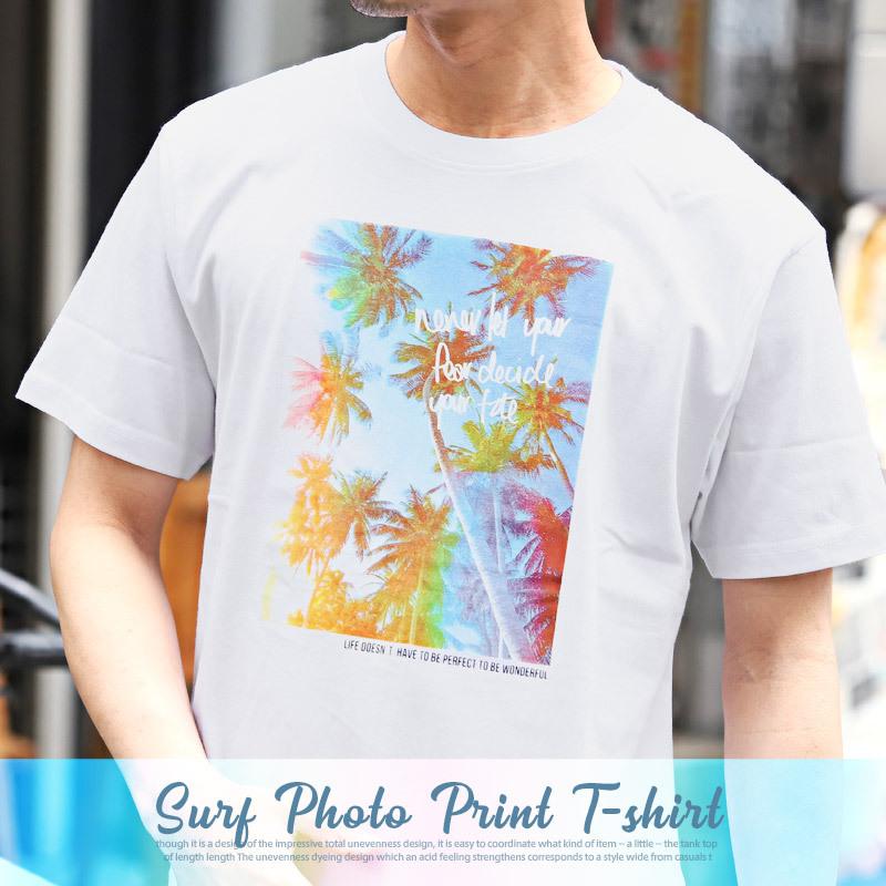 Tシャツ メンズ 半袖 フォトプリント パームツリー ロゴ プリント