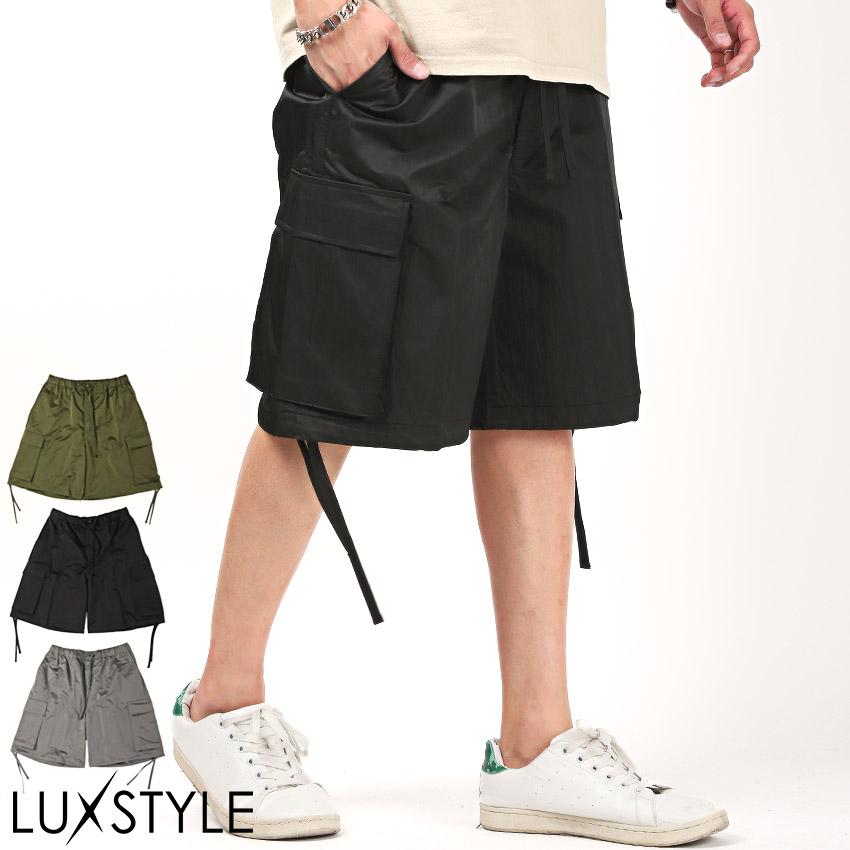 カーゴパンツ メンズ ショートパンツ ハーフ丈 5分丈 ワイド丈 サテン ストリート :aa-1552:LUXSTYLE 通販 ショートパンツ カジュアル ストリート系 カーゴパンツ カーキ L
