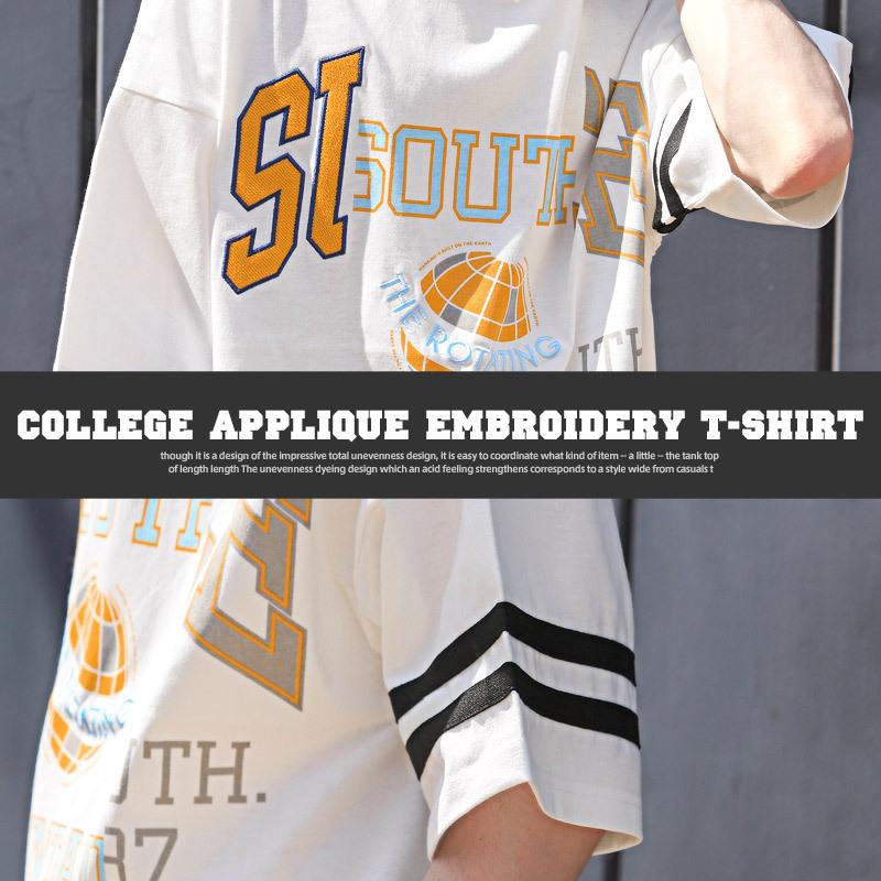 Tシャツ メンズ 半袖 ビッグシルエット カレッジロゴ アップリケ 刺繍