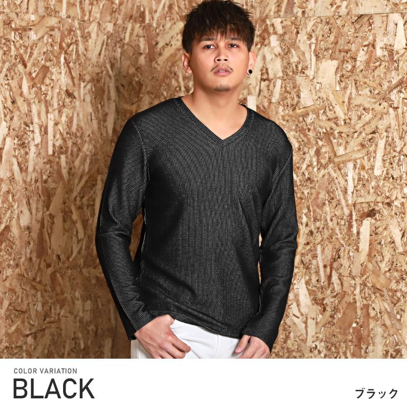 セール ロンT メンズ 長袖Tシャツ Vネック シアサッカー ストライプ 総