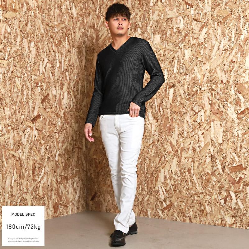 セール ロンT メンズ 長袖Tシャツ Vネック シアサッカー ストライプ 総