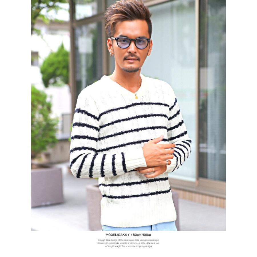 セール / ニット メンズ Vネック セーター ケーブル編み 無地 ボーダー