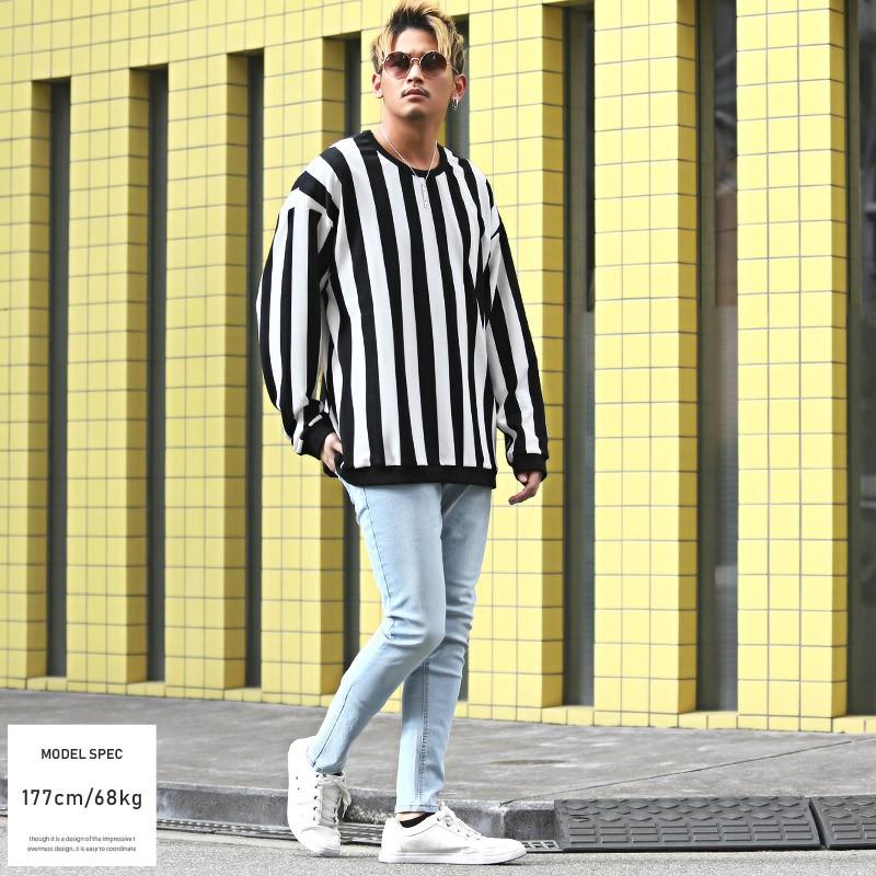 ロンt メンズ 長袖tシャツ ビッグシルエット ストライプ柄 総柄 ドロップショルダー モード ストリート Pm 9122 Luxstyle 通販 Yahoo ショッピング