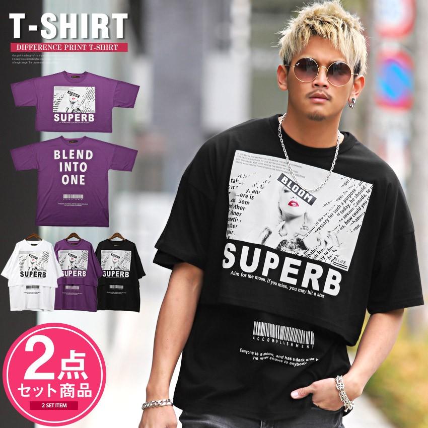 Tシャツ メンズ 半袖 ガールフォト 2点セット ロゴ プリント 重ね着 レイヤード ストリート Pm 9541 Luxstyle 通販 Yahoo ショッピング