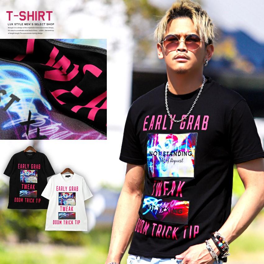 Tシャツ メンズ 半袖 プリント 英字 ロゴ ネオンカラー ミラーシート タイト 細身 ビター系 Pm 9581 Luxstyle 通販 Yahoo ショッピング