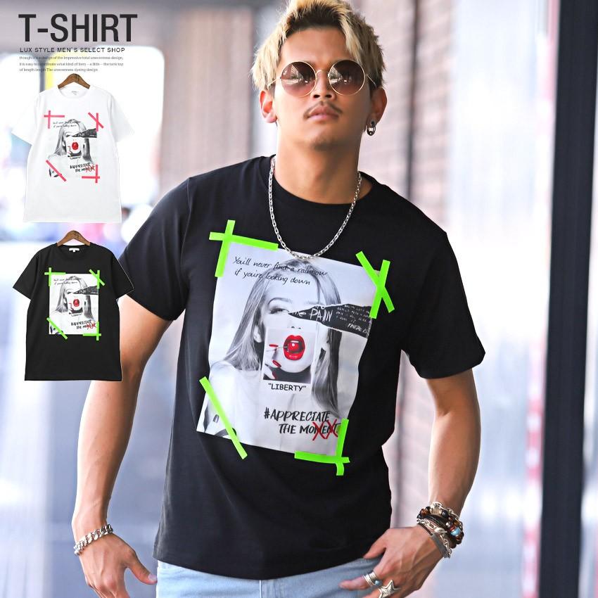 Tシャツ メンズ 半袖 ガールプリント フォト プリント ネオン 蛍光 ロゴ 白 黒 夏 ストリート Pm 9633 Luxstyle 通販 Yahoo ショッピング