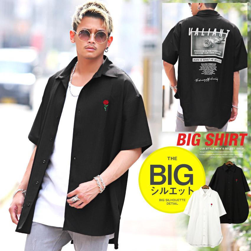 シャツ メンズ 半袖 ビッグシルエット 薔薇 刺繍 プリント フォト ロゴ ロング丈 ストリート Pm 9673 Luxstyle 通販 Yahoo ショッピング