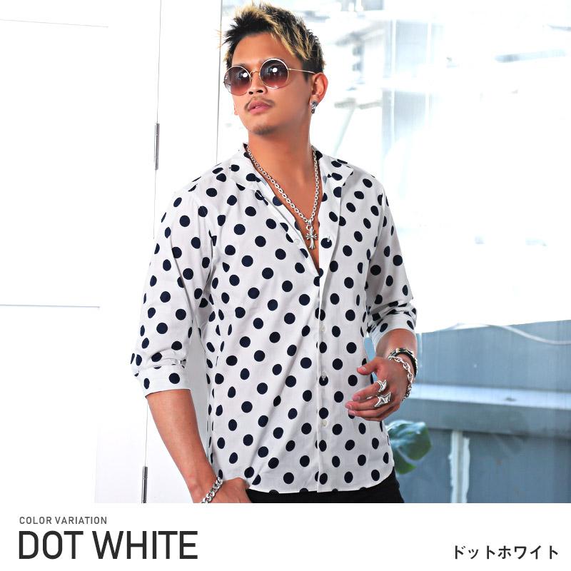 最終価格☆MAN ドットストライプシャツ【４４】 シャツ メンズ 7分袖 ストライプ 水玉 無地 ドット 総柄 キレイめ