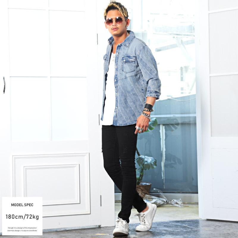 デニムシャツ メンズ ウエスタン 6分袖 パッチワーク ウォッシュ加工 ヴィンテージ ビター系 Pm 9729 Luxstyle 通販 Yahoo ショッピング