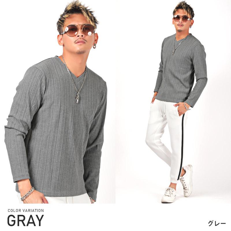 ロンT メンズ 長袖Tシャツ Vネック テレコ 無地 カットソー シンプル