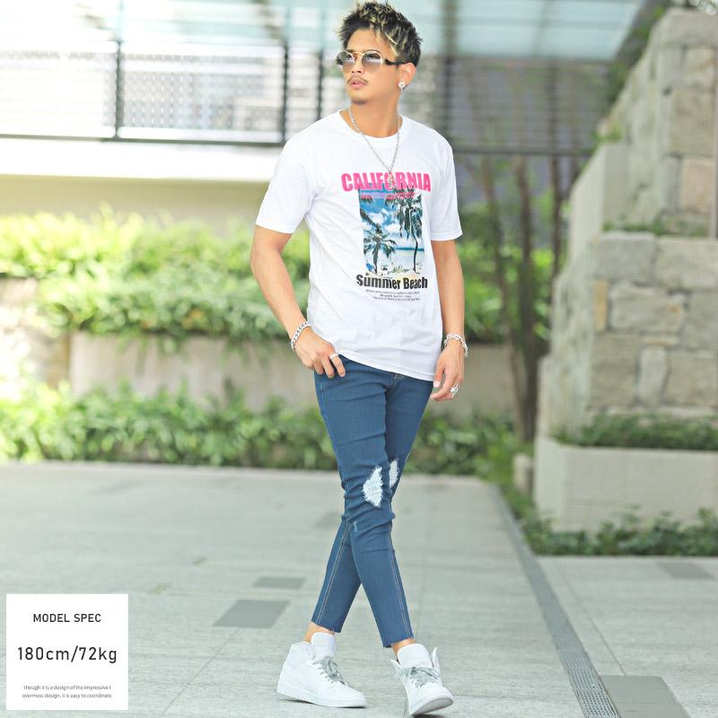 Tシャツ メンズ 半袖 プリント フォト ロゴ ビーチ ホワイト ブラック リゾート 南国 ビター系 Pm 9812 Luxstyle 通販 Yahoo ショッピング