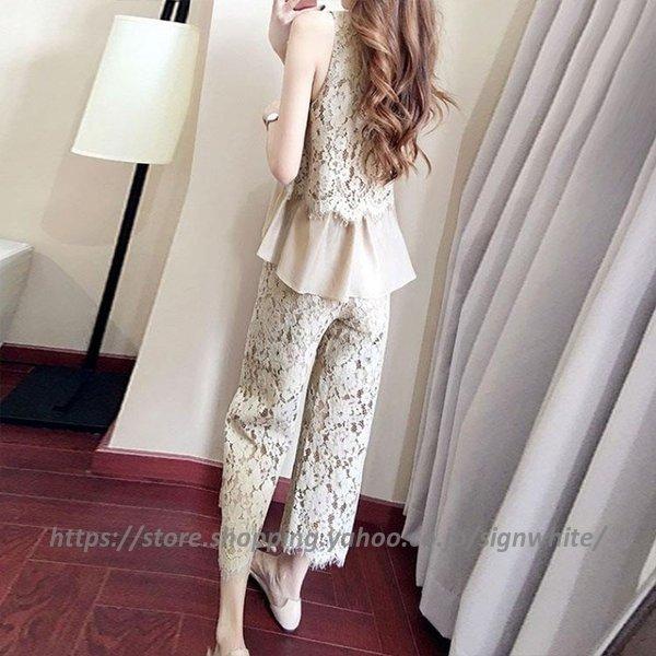 セットアップ レディース 40代 50代 春夏 きれいめ 通勤 韓国風 上下セット ノースリーブ 七分丈パンツ 着痩せ フレア レース オシャレ 芸能人 愛用
