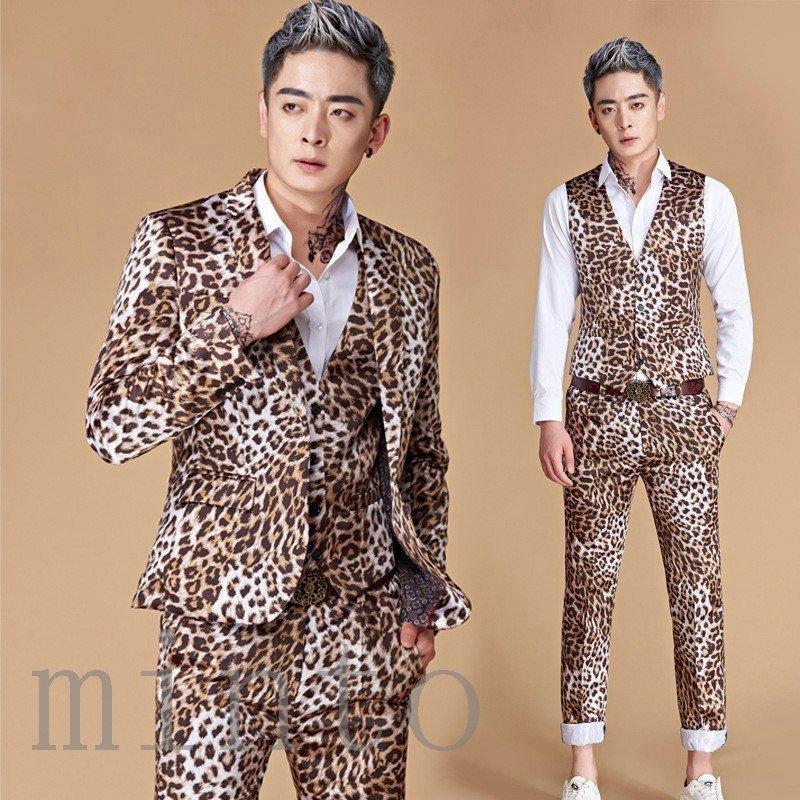 ずっと気になってた スーツ フォーマル カジュアルスーツコートパンツベスト上下セット礼服メンズ男性用 カジュアルスーツコートパンツベスト上下セット 礼服メンズ男性用豹柄ジャケット演出服ダンスウェア ジャズjazzホストステージ衣装公演服団体服発表会スリム Www