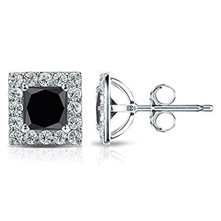 大人気の Platinum Halo Princess Black Diamond Stud Earrings (3 cttw, Black, H-I colo イヤリング