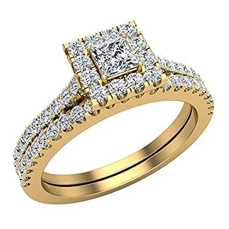 偉大な プリンセスカット スクエアヘイローダイヤモンド 結婚指輪セット 0.70カラット 14K ゴールド クリア 指輪