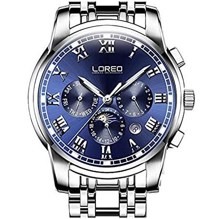 【新作からSALEアイテム等お得な商品満載】 LOREO メンズ シルバー/ブルーの文字盤。 腕時計 メンズ ブルー 防水 サファイアガラス ステンレススチール シルバー 多機能 自動巻き 腕時計