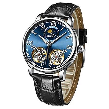 【メーカー再生品】 BINGER）腕時計 （B ムーンフェイズ 黒青色 メンズ 防水 夜光 カレンダー スケルトン 自動巻き ダブルテンプ 腕時計