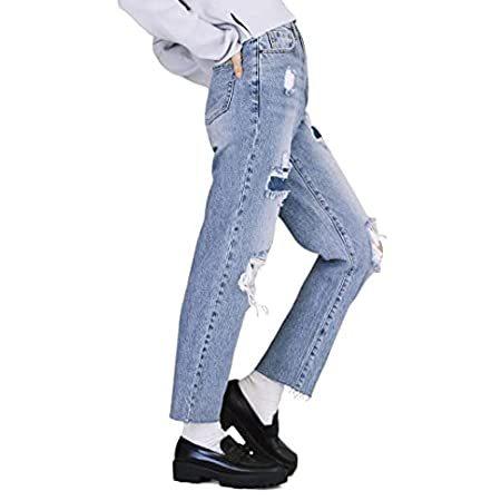 【★安心の定価販売★】 Eco Women's PacSun Distressed Blue - Jeans Leg Straight Waisted High Repair ジーンズ、デニム