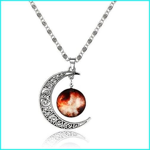 最新情報 Luvalti Galaxy & Crescent Cosmic Moon Pendant Necklace, Orange Glass, 17.5'' Chain, Great Gift for Women, 逸平パーツ a4e4e692
