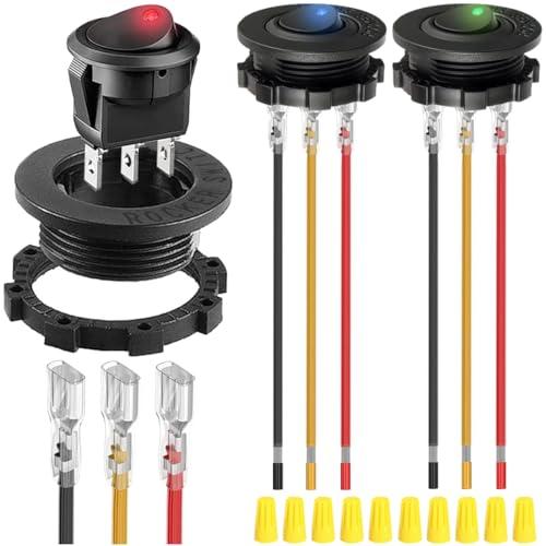 MKBKLLJY 3個ラウンドロッカースイッチ赤/青/緑LED DC 20A 12V/10A 24V 3ピン有線LEDライト電源オンオフ ...
