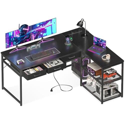 AODK ゲーミングデスク 引き出し3杯 パソコンデスク コンセント付き l