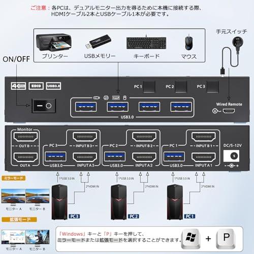 KCEVE HDMI USB3.0 KVM切替器 4K@60Hz 2K@120Hz デュアルモニタ 4つの