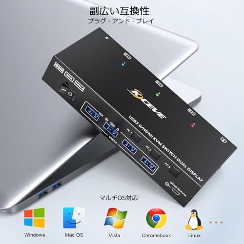 KCEVE HDMI USB3.0 KVM切替器 4K@60Hz 2K@120Hz デュアルモニタ 4つの
