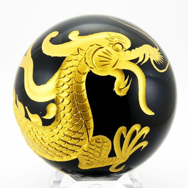 丸玉 縁起 開運置物！ オブシディアン約100mm 五爪龍 鳳凰 四神獣(金彫り) 1個