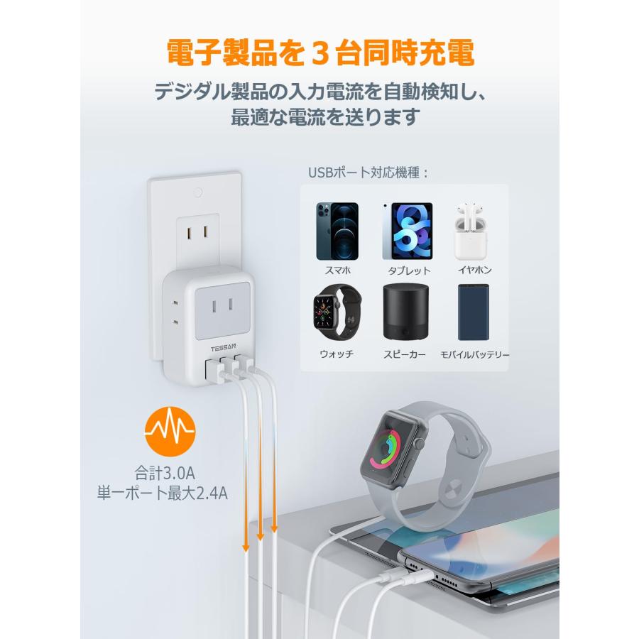 USB コンセント タップ TESSAN 電源タップ 雷ガード付 3個AC口 3つUSBポート 蛸足コンセント 分岐 充電 マルチタップ 直挿し 日本国内使用のみ グレー｜lvshop｜04