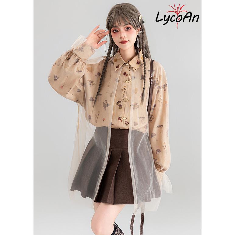 LycoAn】マッシュルームヴェールブラウス /きのこ柄/シアー/シャツ 