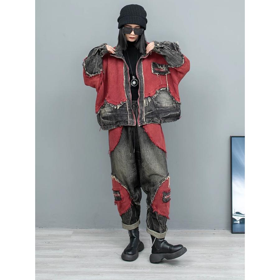 LycoAn】ニット＆デニムパッチワークジャケット /継ぎはぎ/ステッチ