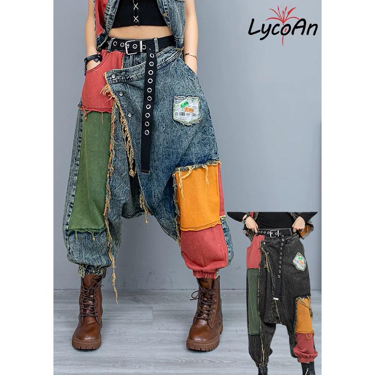 LycoAn】カラフルステッチデニムパンツ /継ぎはぎ/サルエルパンツ