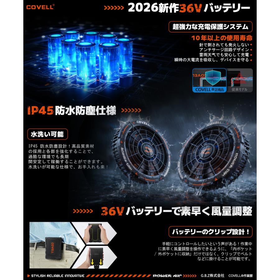 空調冷風服 2026年新型36V ファン 2個規格 IP45防塵防水防沫 水洗い