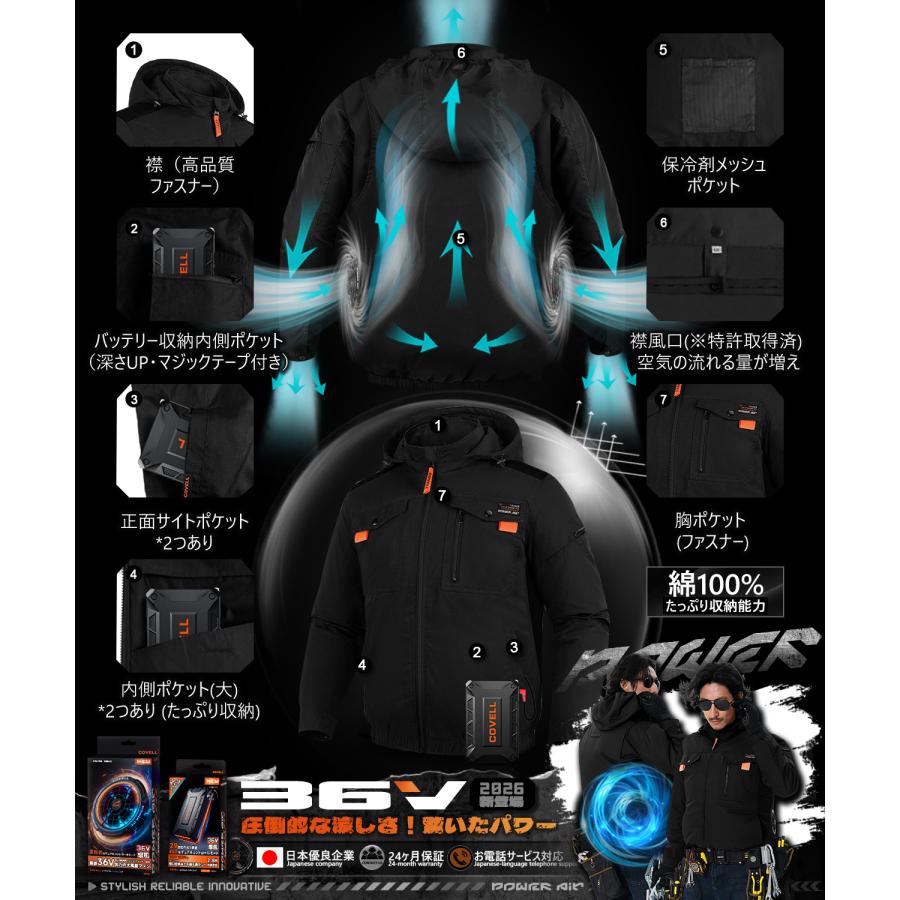 空調冷風服 2026年新商品 空調ウエア 36V超高出力 8V〜36Vまで調整可能
