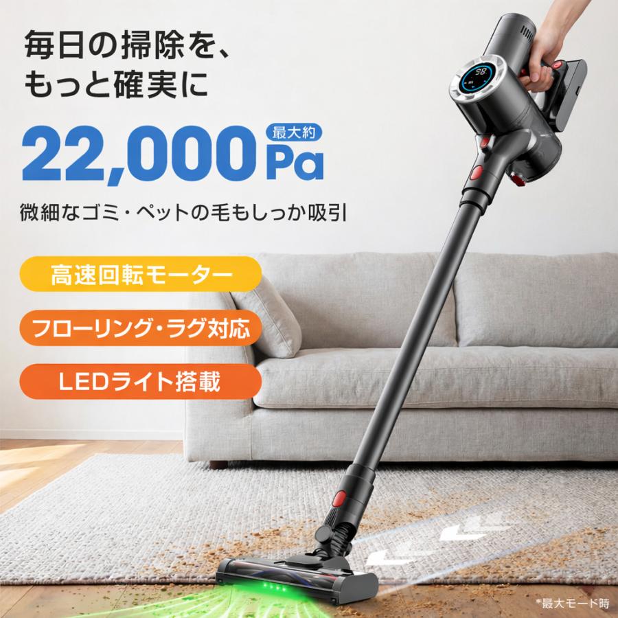 掃除機 コードレス 22000Pa強力吸引 軽量 充電式 LEDライト付き 45分