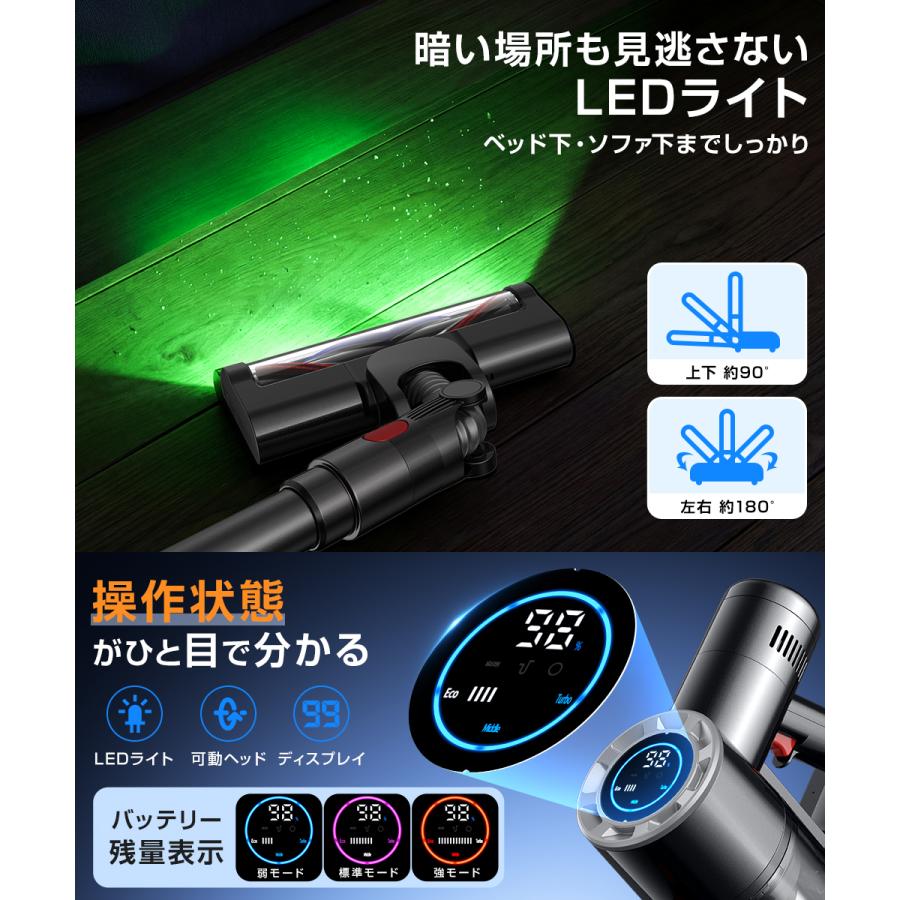 掃除機 コードレス 22000Pa強力吸引 軽量 充電式 LEDライト付き 45分