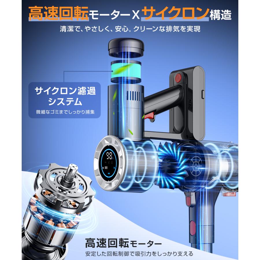 掃除機 コードレス 22000Pa強力吸引 軽量 充電式 LEDライト付き 45分 