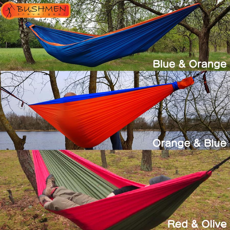 BUSHMEN travel gear ブッシュメン 軽量 屋外用 ハンモック Hammock-ZEN with carabiners カラビナ 2個付 速乾 完全防水 耐荷重 200kg パラシュート｜m-and-agency