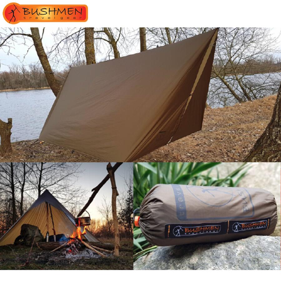 BUSHMEN travelgear ブッシュメン フルサイズ 超軽量 タープ 300cm×300cm 425g 耐水圧 2000ｍｍ 収納時コンパクト 自在金具 ガイロープ 6個付 防水タープ｜m-and-agency