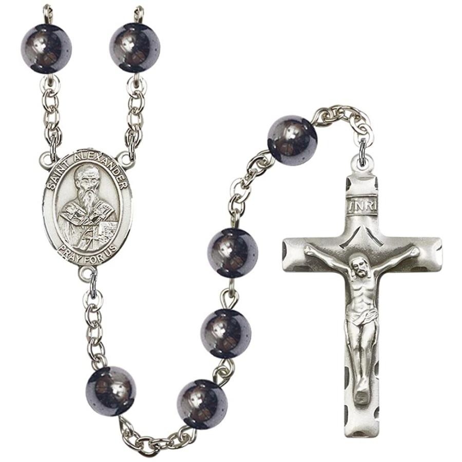 シルバープレートロザリオ 8mmヘマタイトビーズ付き 財布 帽子 ファッション小物 十字架の大きさは1 3 4 レディースファッション X 守護 センターピースは聖アレクサンダーのサウリのメダルが特徴です M Blooming 3 4 Hfayb00pbuzbmqk 1インチ