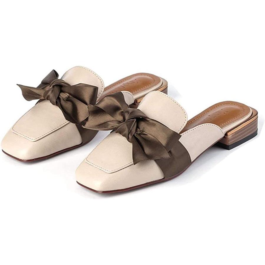 MeeMgic Womens Loafers Backless Flat Sandals Faux Leather Round Toe Slip On Dress Slide Mule Slippers Beige　並行輸入品