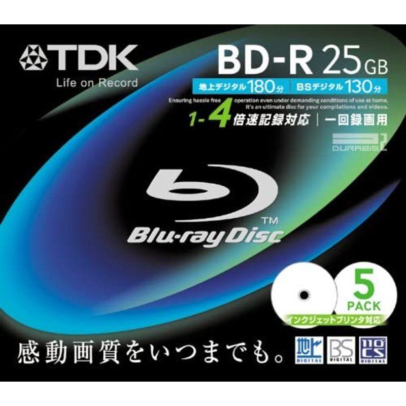 保証書付】 TDK 録画用ブルーレイディスク 25GB ホワイトワイドプリンタブル BD-R(1回録画用) 5枚パック BRV25P 4X  5mmケース ブルーレイ、DVDレコーダー