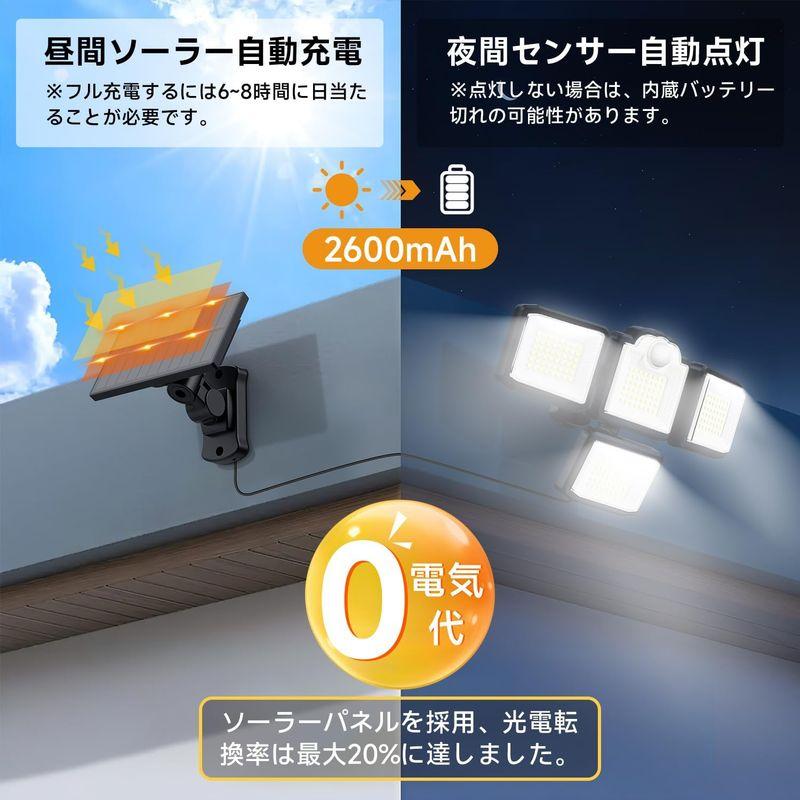 ソーラーライト 屋外 センサーライト 防水 人感 分離型 3000ルーメン 2600mAh大容量バッテリー 4灯式/192LED/5M延長コ｜m-choiceplaza｜05