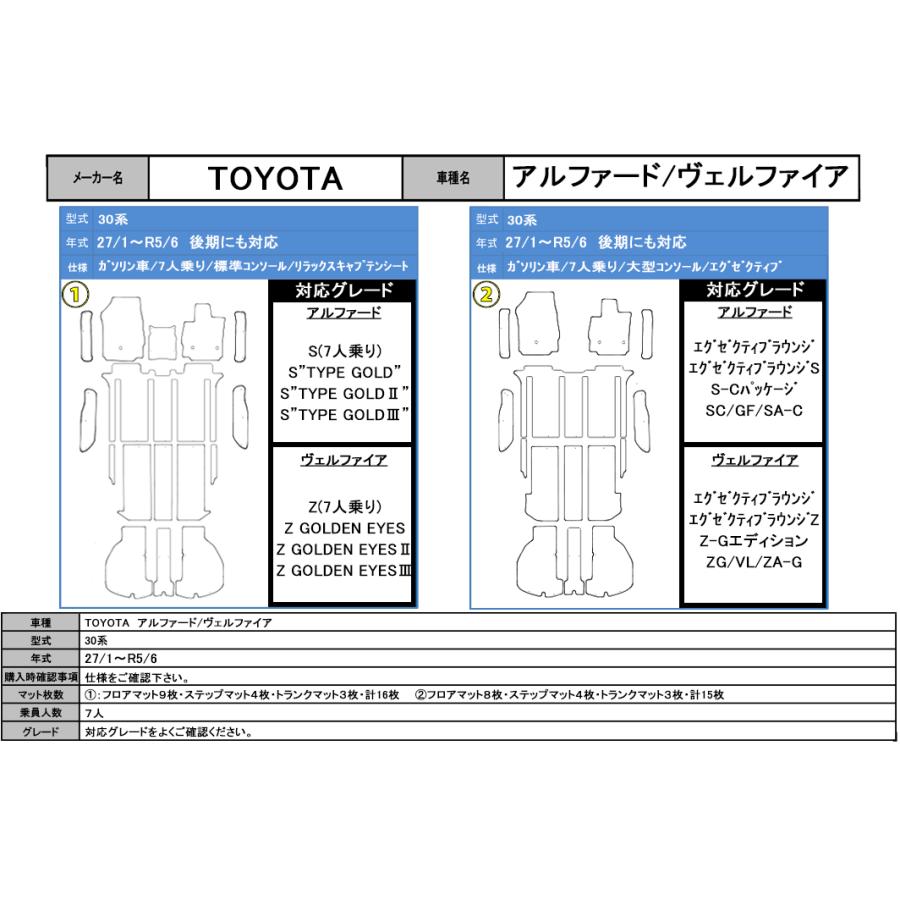 フロアマット トヨタ ＴＯＹＯＴＡ　アルファード ヴェルファイア　30系　H27/1〜R5/6　ステップ・トランクマット付 カーマット 抗菌 プレミアムタイプ | トヨタ | 03