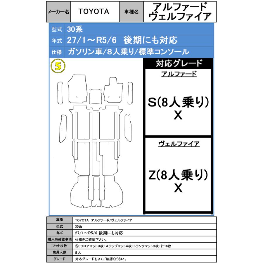 フロアマット トヨタ ＴＯＹＯＴＡ　アルファード ヴェルファイア　30系　H27/1〜R5/6　ステップ・トランクマット付 カーマット 抗菌 プレミアムタイプ | トヨタ | 05