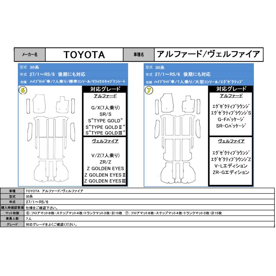 フロアマット トヨタ ＴＯＹＯＴＡ　アルファード ヴェルファイア　30系　H27/1〜R5/6　ステップ・トランクマット付 カーマット 抗菌 プレミアムタイプ | トヨタ | 06