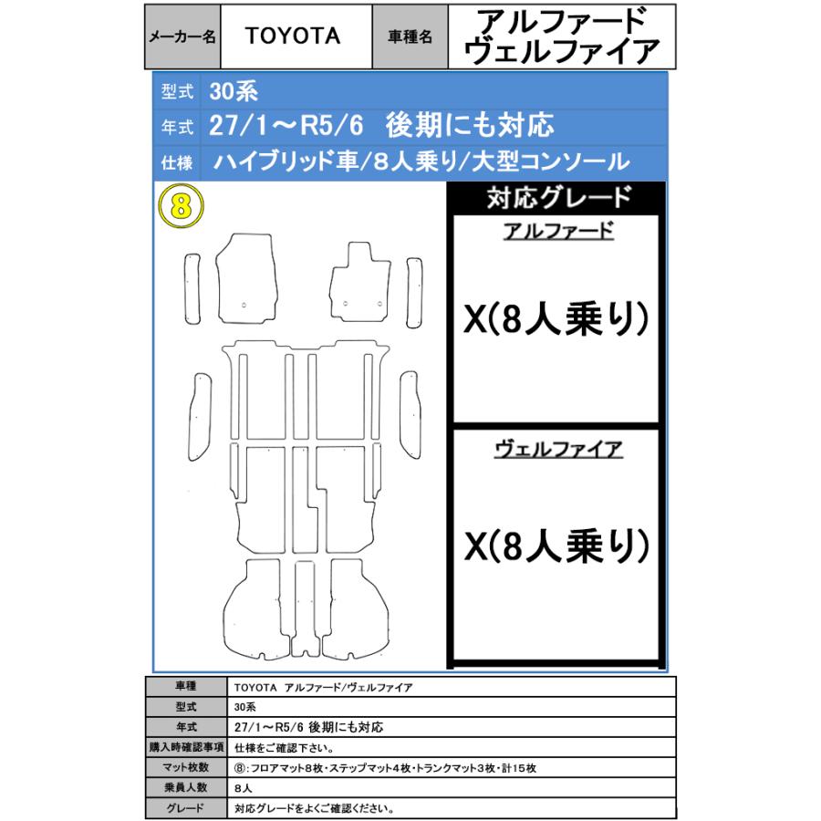 フロアマット トヨタ ＴＯＹＯＴＡ　アルファード ヴェルファイア　30系　H27/1〜R5/6　ステップ・トランクマット付 カーマット 抗菌 プレミアムタイプ | トヨタ | 07