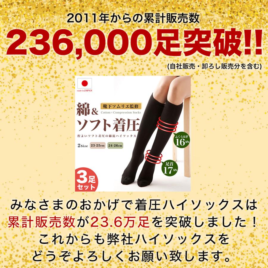 着圧 靴下 ソックス レディース 3足組 ハイソックス 日本製 綿混 綿素材 立ち仕事 ふくらはぎ むくみ おしゃれ ひざ下 膝下 黒 白 飛行機 夏用 日中 | エムアンドエム | 03