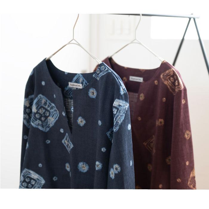 ろうけつ染めチュニック 日本製 藍染調 ろうけつ染め調 和柄 レディース ミセス 50代 60