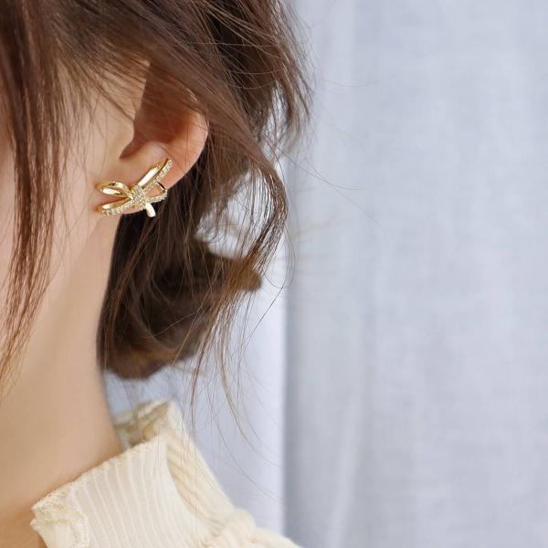 ピアス レディース リボン キラキラ ビジュー ゴールド シンプル : M's